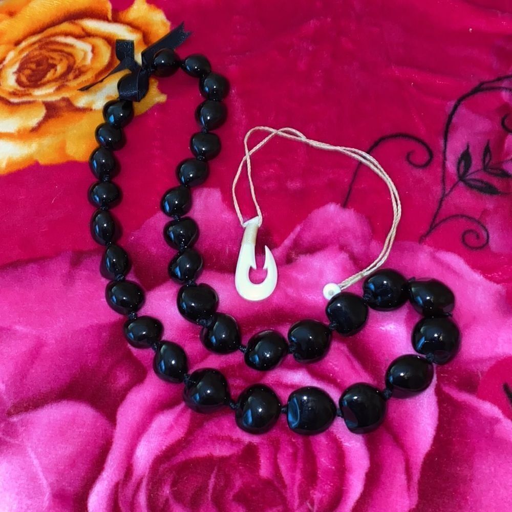 2 Hawaiian Necklaces Maui’s Fish Hook and Kukui Nut Lei